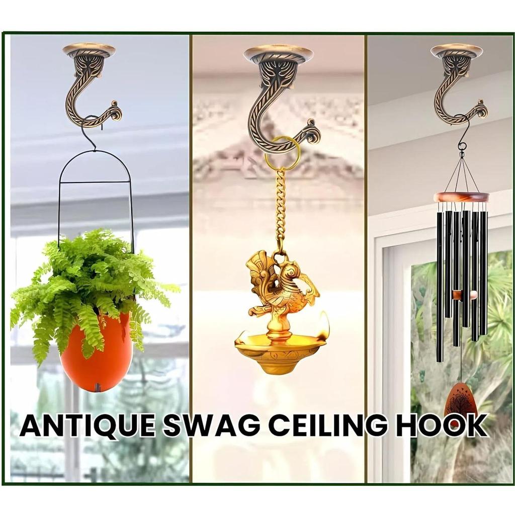 Βαρέως Τύπου Αντικέ Ορειχάλκινοι Γάντζοι Οροφής για Κρεμαστά Φυτά, Καρυδάντια, Φανάρια, Φωτάκια Σειράς,  (Σετ 2, Διακοσμητικές Μεταλλικές Βάσεις Τοίχου/Οροφής)