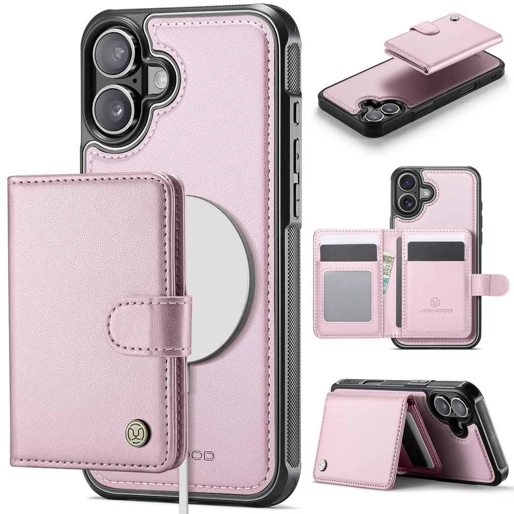 For iPhone 16 Plus Case JEEHOOD J09 RFID Blocking Card Holder Leather Back Phone Cover Compatible with MagSafe