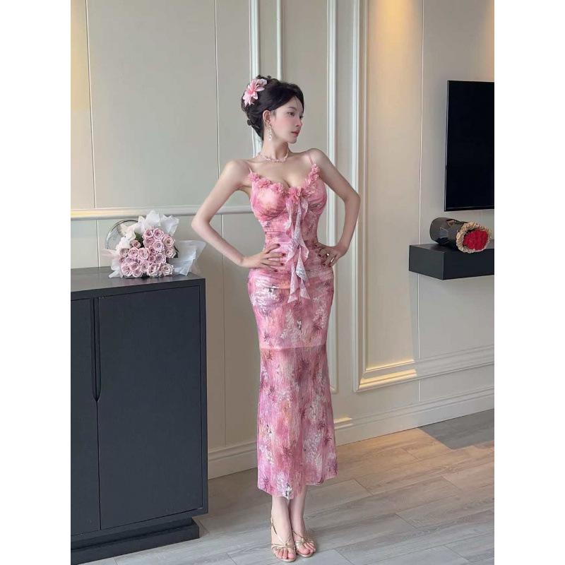 Mature Style Slimming Spaghetti Strap Mesh Print Fishtail Dress