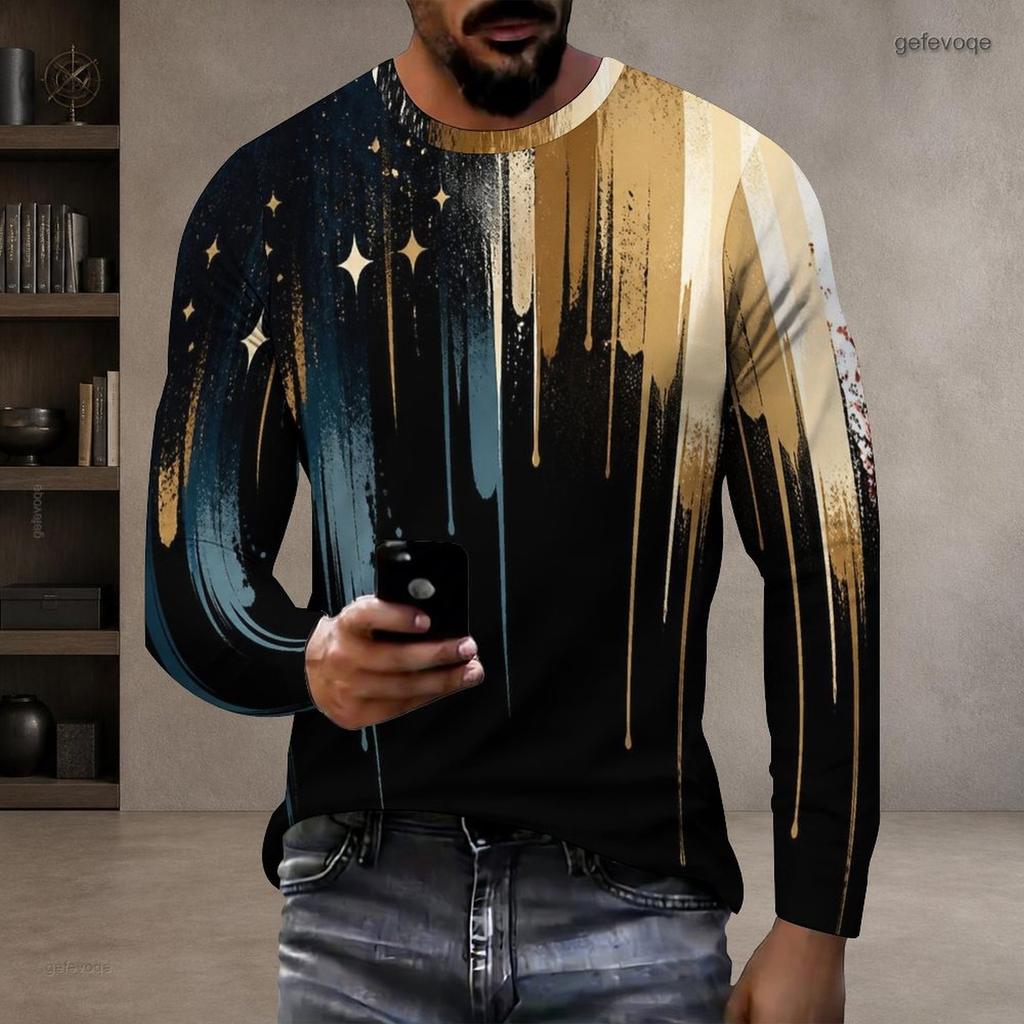 Men Plus Size Round Neck Long Sleeve Printed T Shirt Black Gold Blue Casual Pullover