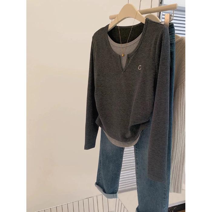 Two Contrasting Color Patchwork Long-sleeved T-shirts for Women, New Spring and Autumn Styles, Slimming and Flattering, Hot Girl Base Layer, Niche Top