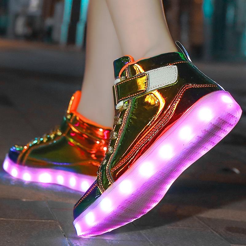 Spring and Summer New Men's and Women's Outdoor Casual Shoes Fashion Luminous Shoes High-top Light Shoes Colorful Mirror Velcro Trendy Shoes