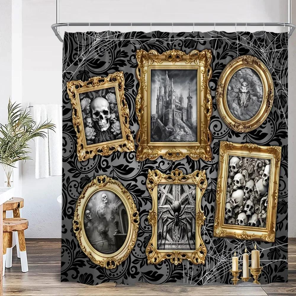 Skull Halloween Shower Curtain Scary Skull Flower Ghost Pumpkin Happy Bathroom Decoration Retro Shower Curtain