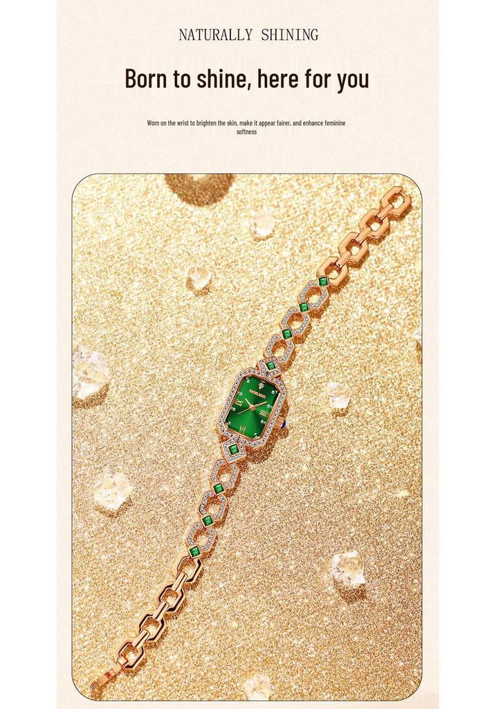 Mokga Women's Exquisite Rectangular Copper Bracelet Watch with Inlaid Diamond & Mother-of-Pearl, Waterproof Sunray Quartz Design.
