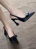Black pointed bow thick heel high heels women's versatile sexy back empty word with sandals