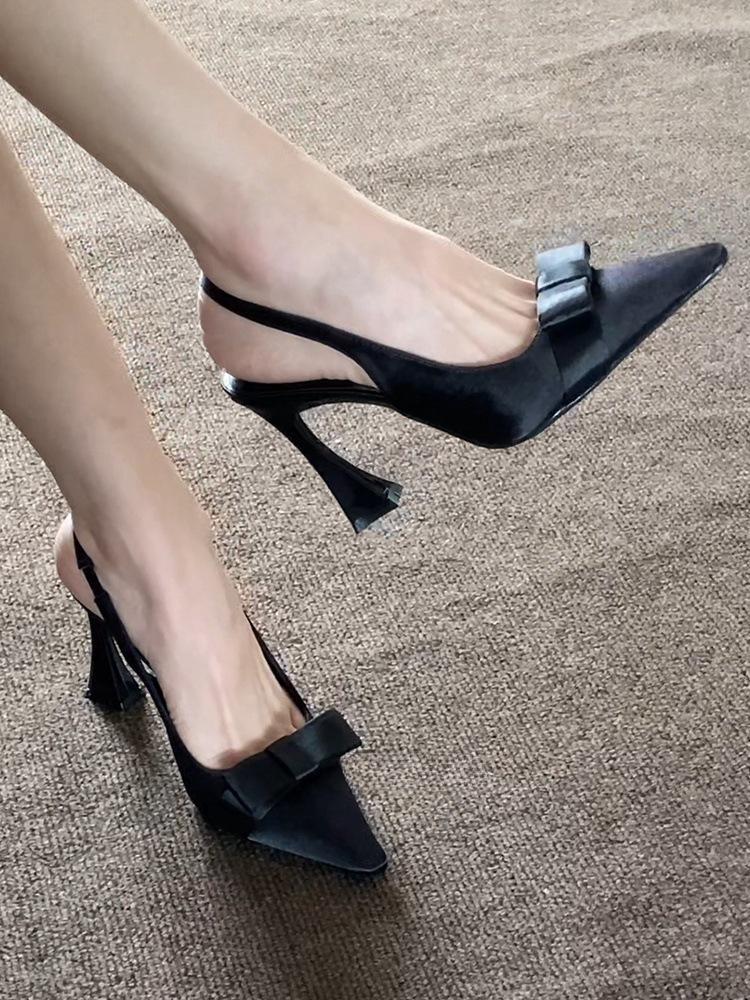 Black pointed bow thick heel high heels women's versatile sexy back empty word with sandals