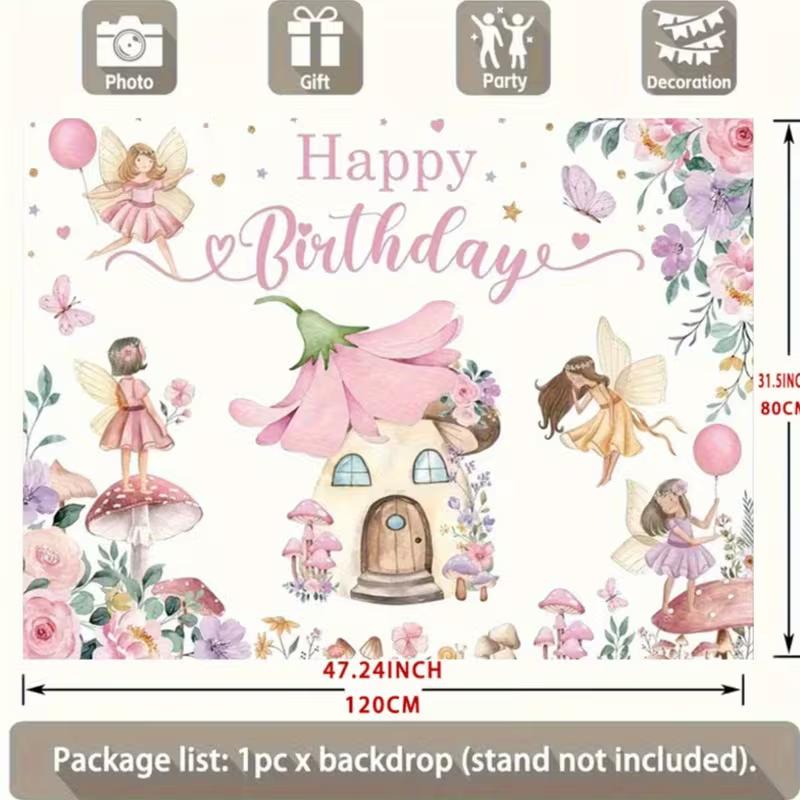 2D Magical Fairy Birthday Tapestry, Floral Mushroom Wall Decor for First Birthday Party