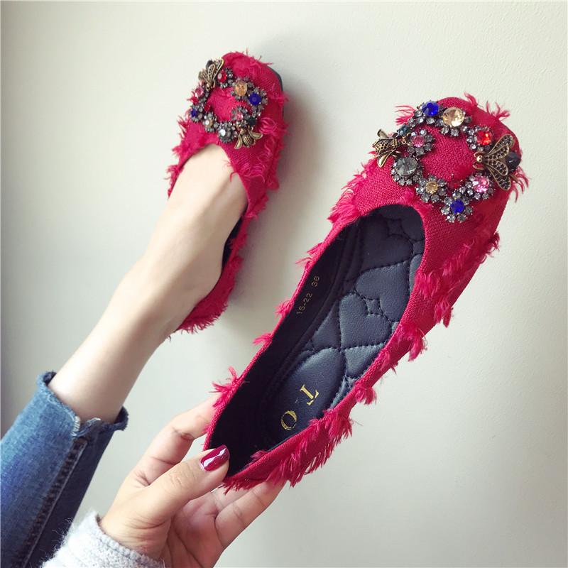 Autumn Fashionable All-match Rhinestone Square Buckle Square Toe Cloth Flat Heel Single Shoes Women's Soft Sole Moccasins