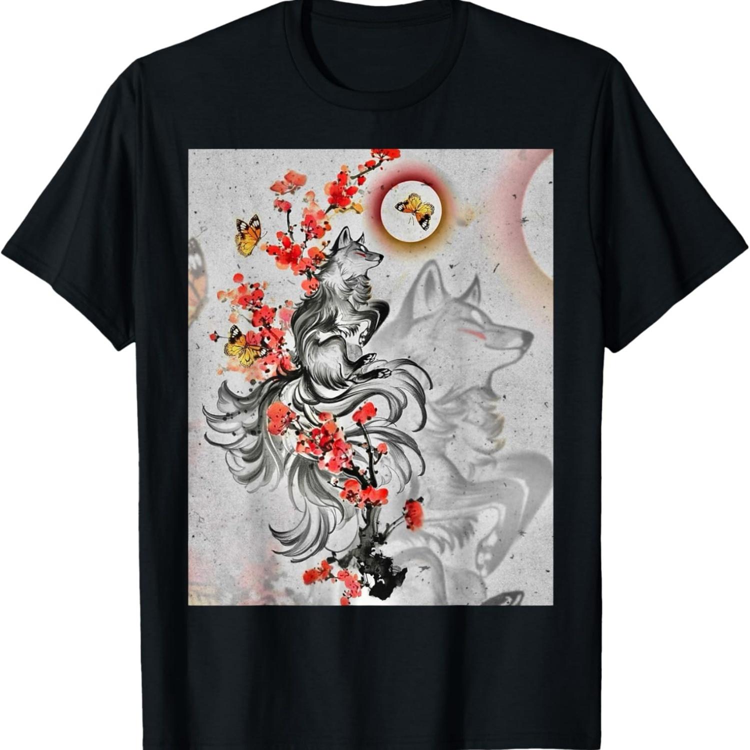 Fox  Nine Tailed Kawaii Fox Cherry Blossom Moth T-Shirt S чёрный
