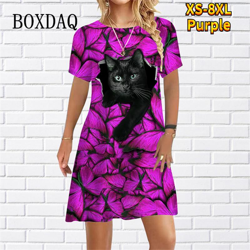 Funny Cute Cat Print Loose Dress For Womens Girls Casual Short Sleeve Cartoon Mini Dress Summer New Beach Party Sundress