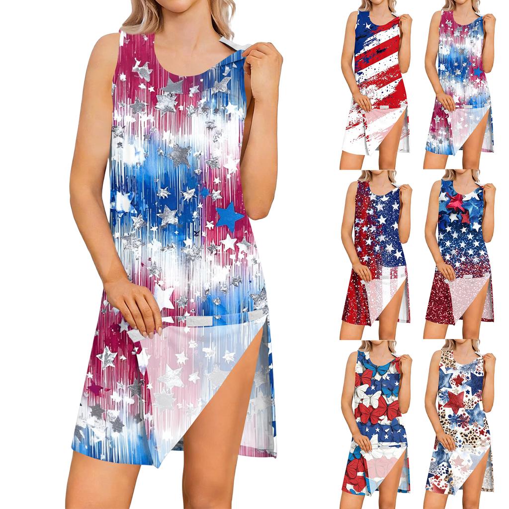 Sleeveless Knee Length Dress with Tear Away Design for Shoulder Surgery Recovery Fourth of July Star Print Summer Casual Dress
