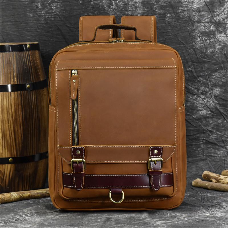 Men'S Genuine Leather Backpack Crazy Horse Leather Retro Flip Backpack First Layer Cowhide Student Schoolbag Going Out Travel Bag