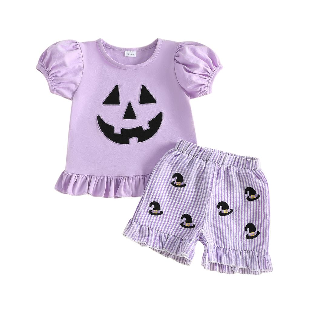 Citgeett Summer Halloween Kids Toddler Baby Girl Outfit Pumpkin Face Embroidered Short Puff Sleeve Ruffled Tops Striped Shorts