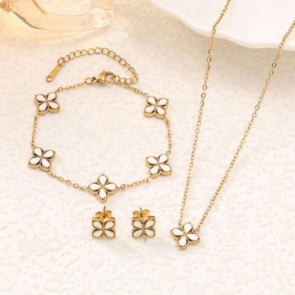 Colorful Four-Leaf Clover Titanium Steel Jewelry Set: Bracelet, Necklace & Stud Earrings