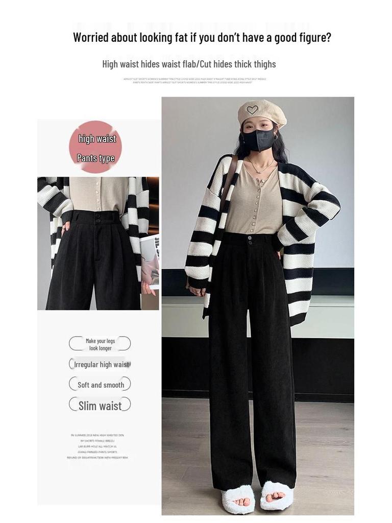 Women's Black High-Waist Cotton Plush Pants - Autumn/Winter 2026 Korean Style, Slim Straight Wide-Leg, Drapey.