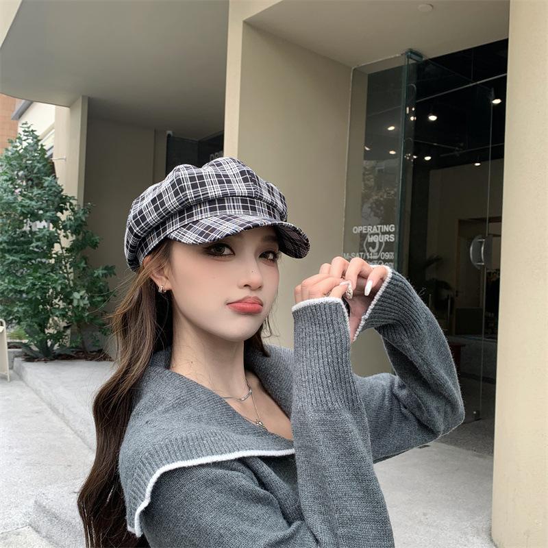 Korean New Hat Women's Autumn and Winter Plaid Octagonal Hat Fashionable Temperament Newsboy Hat Versatile Casual Peaked Hat