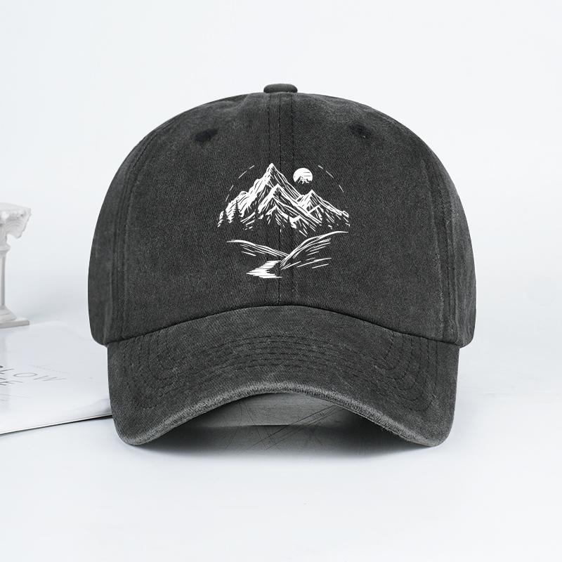 

Mountain Landscape Washed Baseball Cap Adjustable Unisex Camping Travel Nature Lover Hat чорний