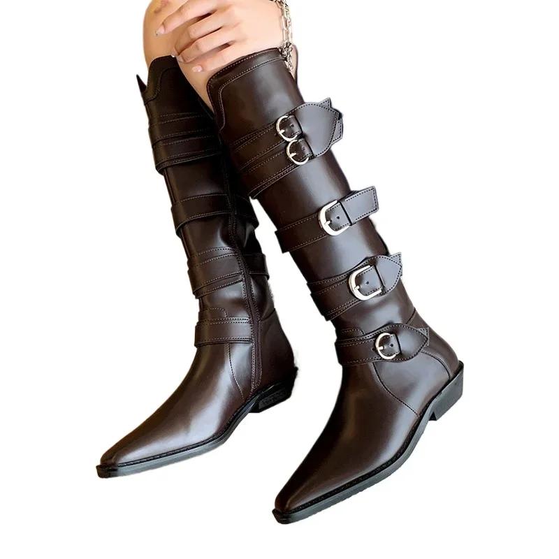 

Висока якість Wasteland Punk Gothic Style Vintage Motorcycles Western Boots for Women Чорні заклепки Високі черевики до коліна 40 коричневий