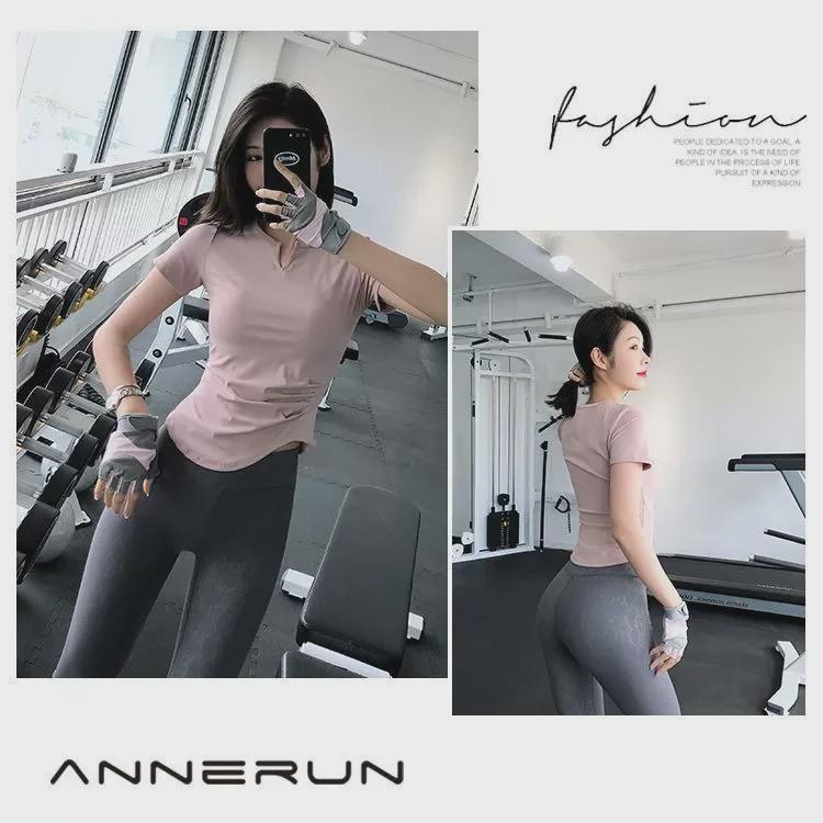 Women's Slim Fit V-Neck Yoga Outfit - Quick-Dry Pleated Short-Sleeve T-Shirt for Pilates, Fitness, and Running.