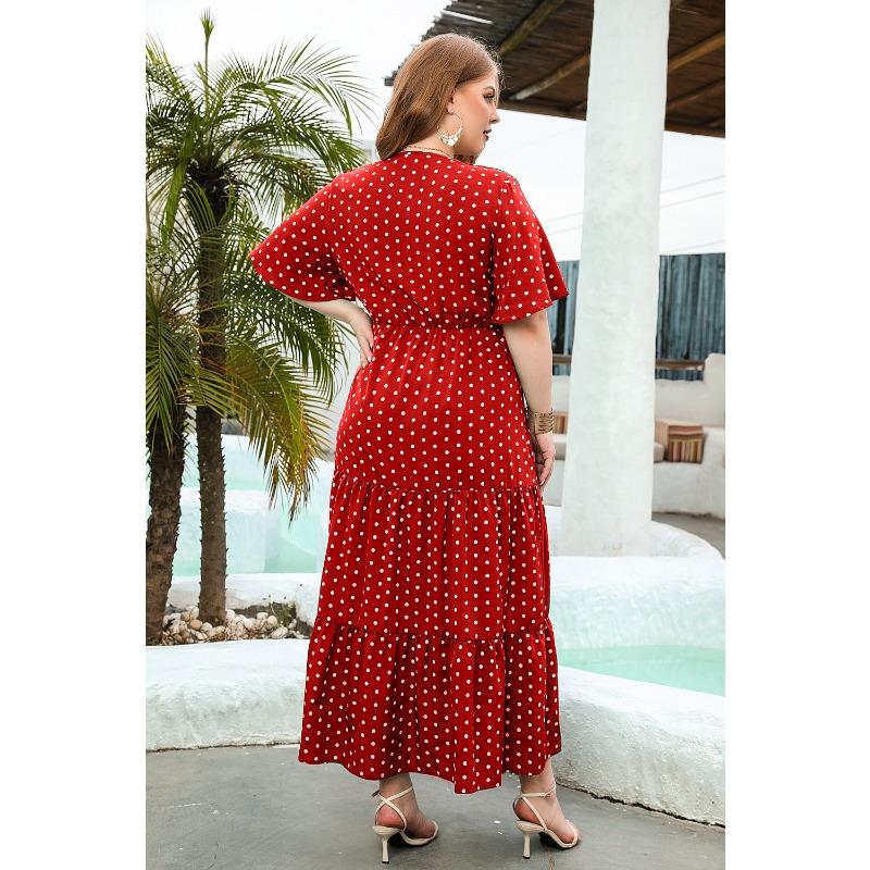 Summer Women Plus Size Polka Dot Dress Casual V-Neck Vacation Dress Elegant Loose Midi Dresses