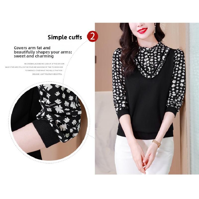 2026 Spring and Autumn Long-Sleeve Slim-Fit Shirt with Ruffled Edge and Printed Design for Women