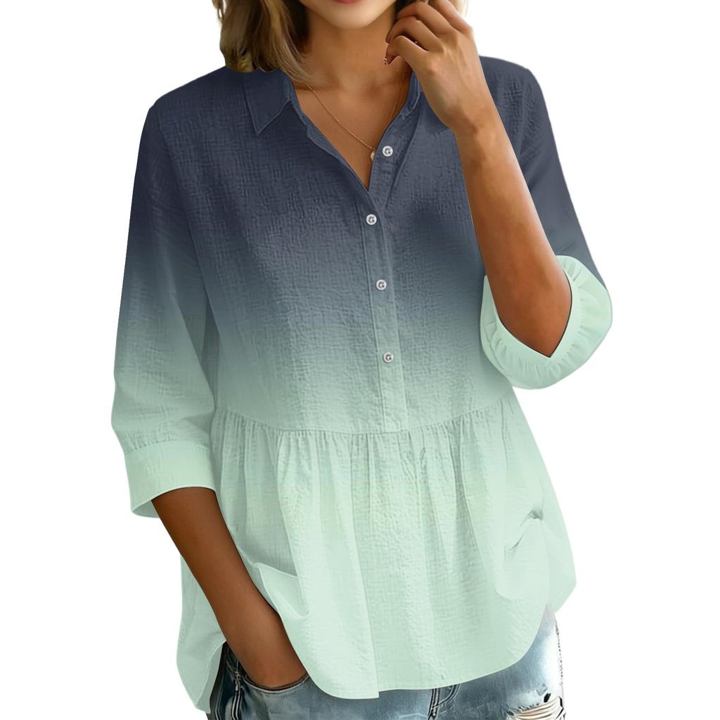 Women's Gradient Print Button Down Blouse - Three Quarter Sleeve, Notched Lapel, Loose Fit Casual Shirt Top