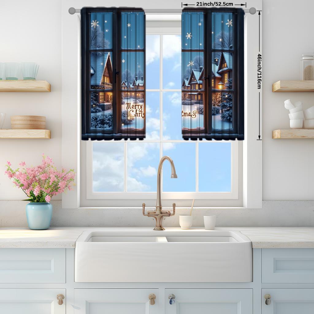 2pcs Winter Night Christmas Printed Curtain for Christmas Home Decor - Rod Pocket Window Treatment for Bedroom Office Kitchen