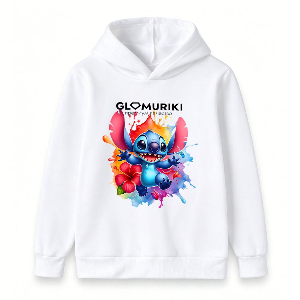Kids Boys Girls Casual Stitch Print Long Sleeve Hoodie, Cute Cartoon Graphic Pullover Sweatshirt, Colorful Floral Paint Splash Pattern Soft Hooded Top