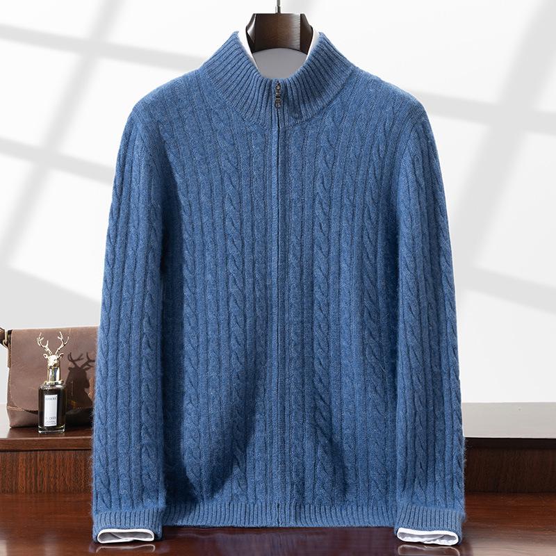 Men's Autumn/Winter Cashmere Cable Knit Zipper Cardigan Sweater, Half-High Collar, Plus Size