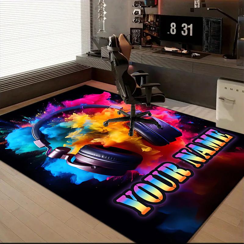 1PC Custom Name Music Vibrant Colors Headphones Theme Floor Mat Ideal for Living Room, Game Rooms, Office, Bedroom,Floor Mat Playful Design