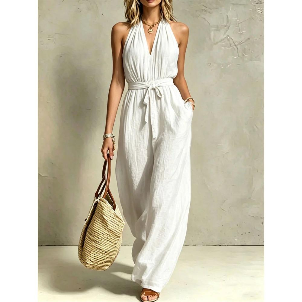 Women s Halter V Neck Sleeveless Tie Waist Solid Wide Leg Long Jumpsuit S белый
