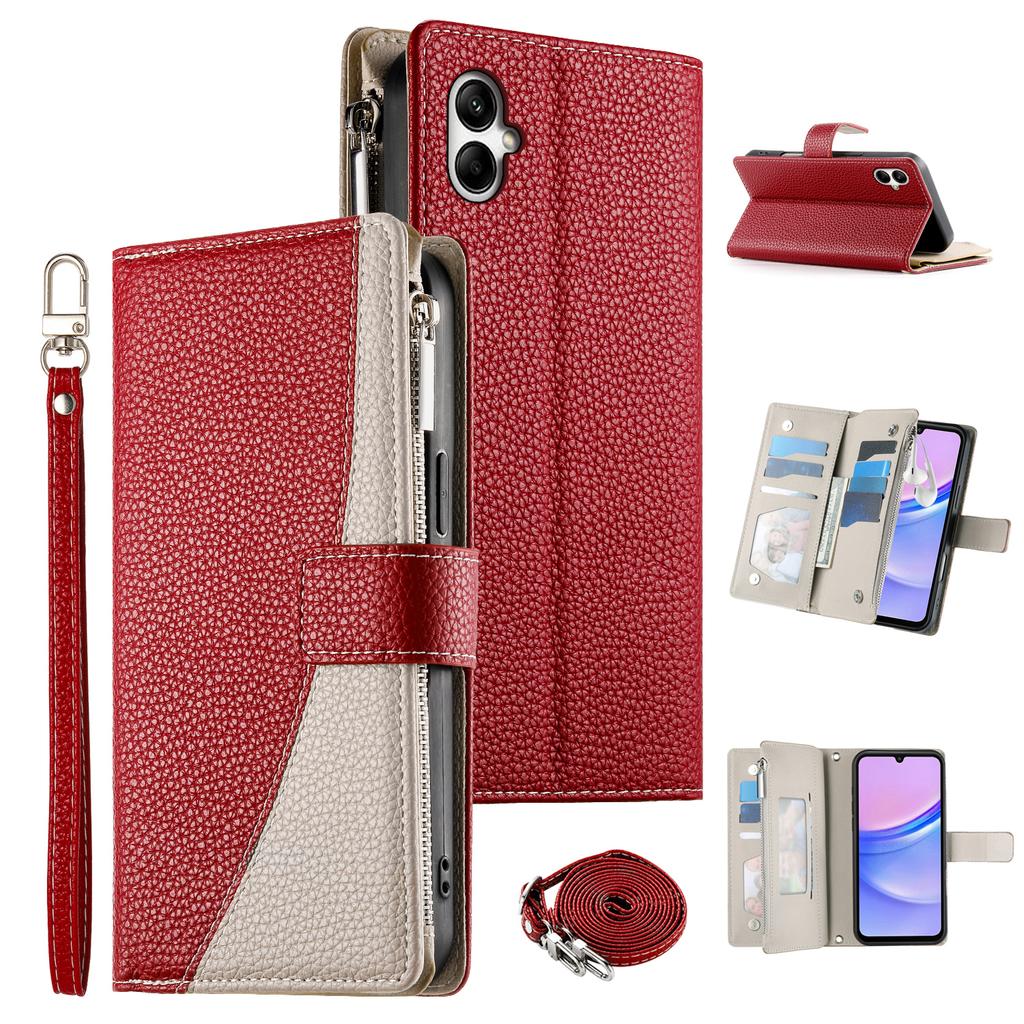 For Samsung Galaxy A05 4G Case Zipper Wallet Color Splicing Leather Flip Phone Cover with Straps