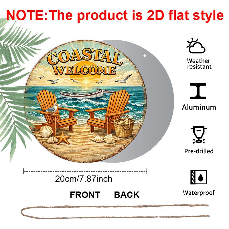 2D Flat, 1pc Round Aluminum Hanging Sign - "Coastal Welcome" Beach Sunset Vintage Metal Wall Art, Retro Ocean Chair & Seashell Design, Perfect for