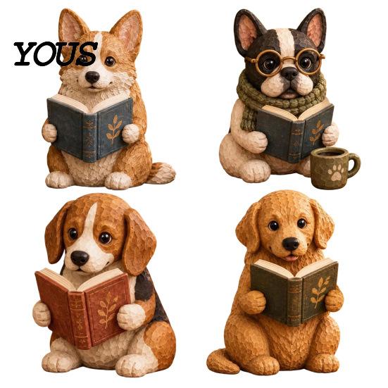 Resin Puppy Figurine Reading Dog Figurine, Cute Book Loving Sculpture for Bookshelf Nook Desk, Gift and Lovers