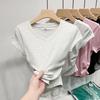 Versatile V-neck design sense waist thin short-sleeved cotton T-shirt women's summer temperament short irregular inner shoulder top