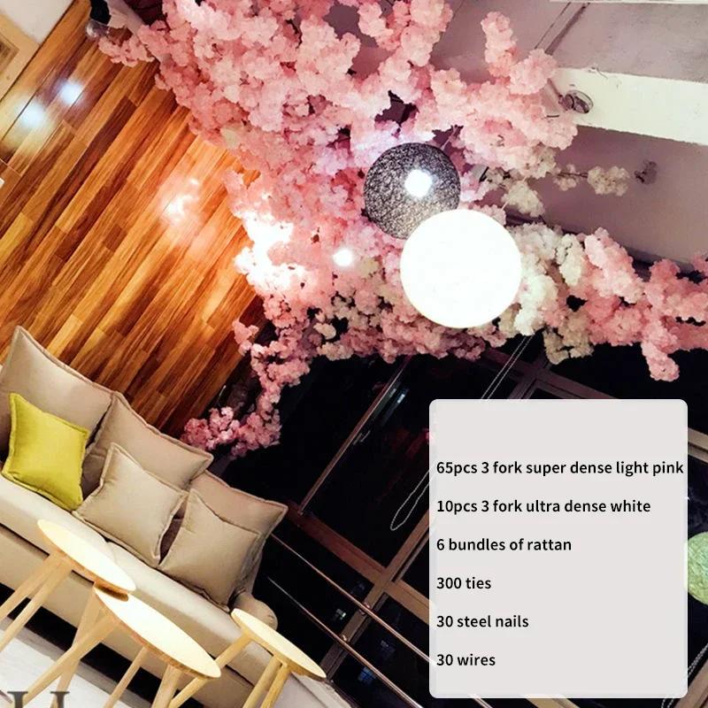 Artificial Cherry Tree Rattan Flower, Silk Wedding Background, Wall Decoration Flower, Home Decoration