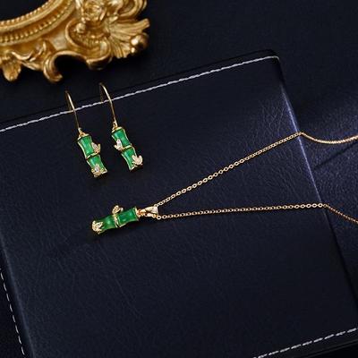 Elegante Retro Bamboe & Groene Kattenoog Oorbellen Ketting Set voor Vrouwen