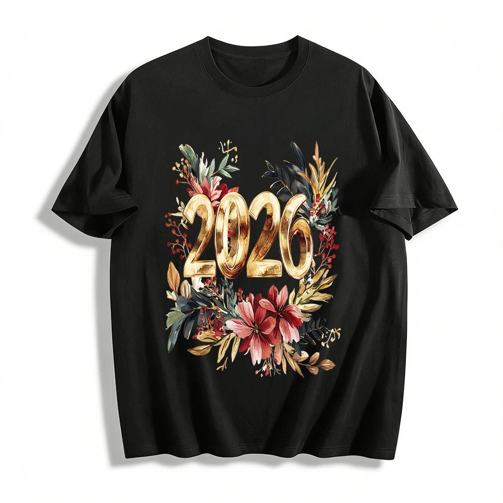2026 New Year Floral Gold Print Casual Long Sleeve Top Pure cotton T-shirt XXS