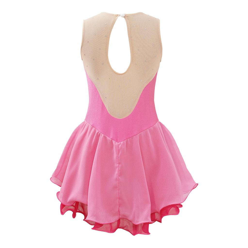 Kids Girls Sleeveless Figure Skating Dress Shiny Rhinestone Ballet Gymnastics Dance Leotard Stage Performance Costume