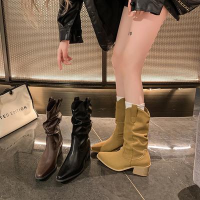Mode lässige Stiefel mit dickem Absatz Martin-Stiefel Damen Herbst und Winter neu lange Stiefel mit dicker Sohle bequeme Reiterstiefel spitz zulaufende mittelhohe Stiefel