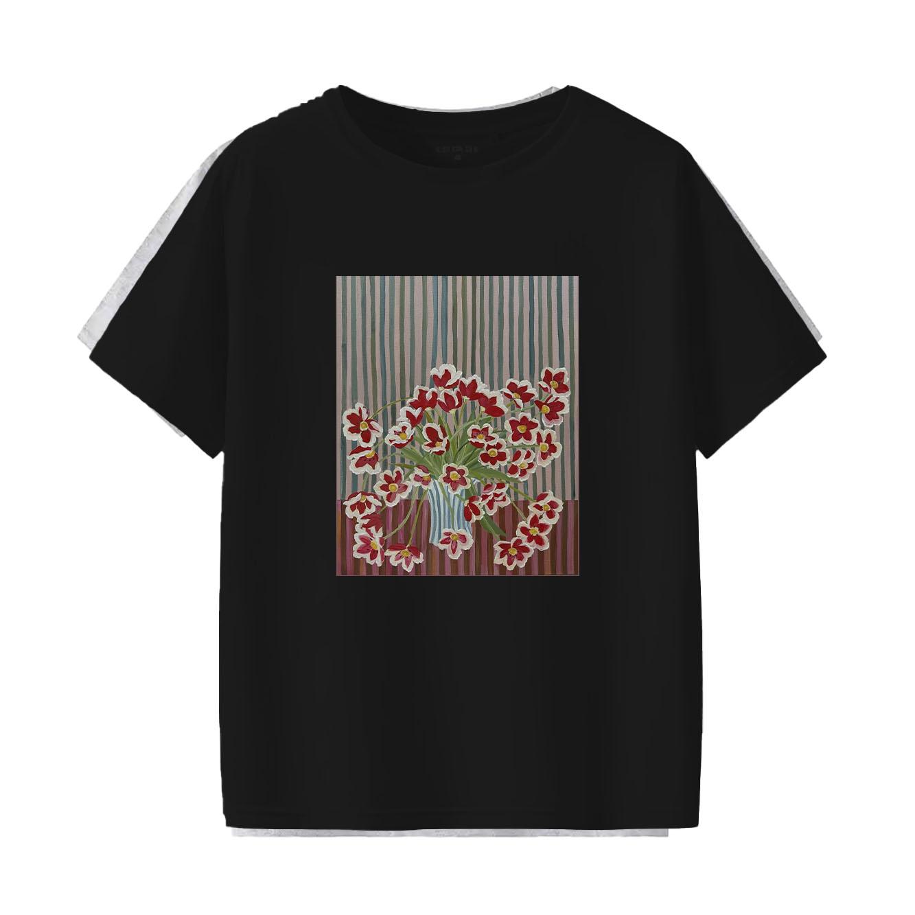 

Vintage oil painting style printed short sleeved round neck versatile fashion Womens Tshirt for spring and summer S