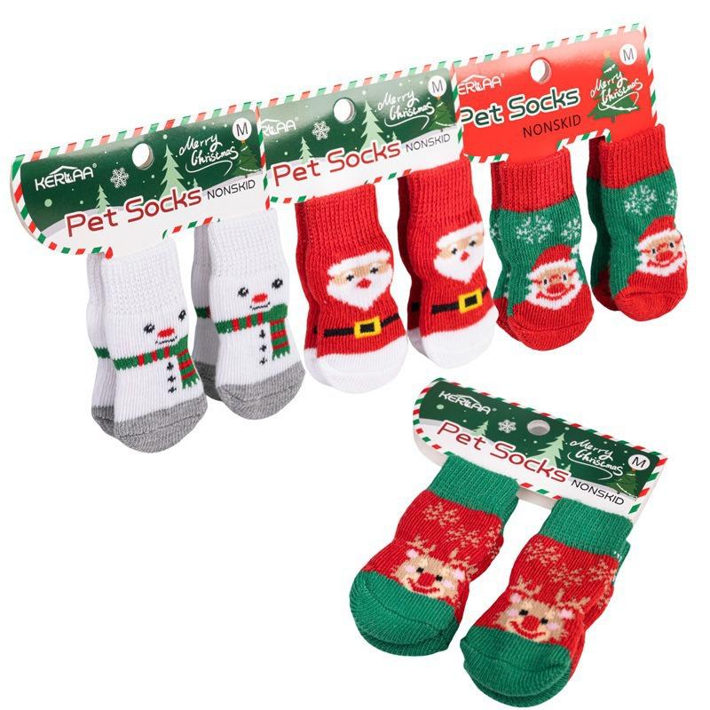 Weihnachts Hundesocken Anti-Rutsch Haustier Pfoten Socken Santa Rentier Schneeflocke Muster Anti-Verlust Warme Weiche Socken für Kleine Mittlere Hunde