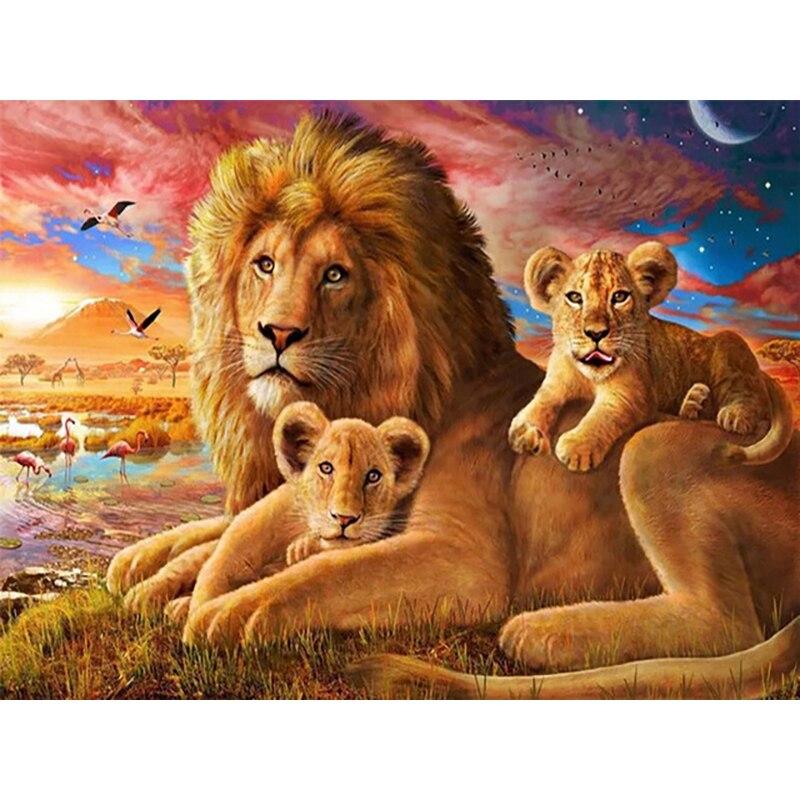 New 5D DIY Animal Diamond Painting Lion Diamond Embroidery Sunset Cross Stitch Full Round Drill Home Decor Manual Gift