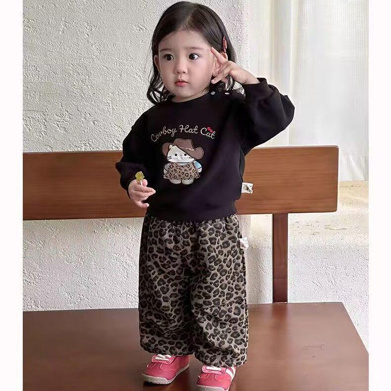 

Корейский мультяшный свитшот и брюки с леопардовым принтом для девочек 1 года - Осенний наряд 80 cm