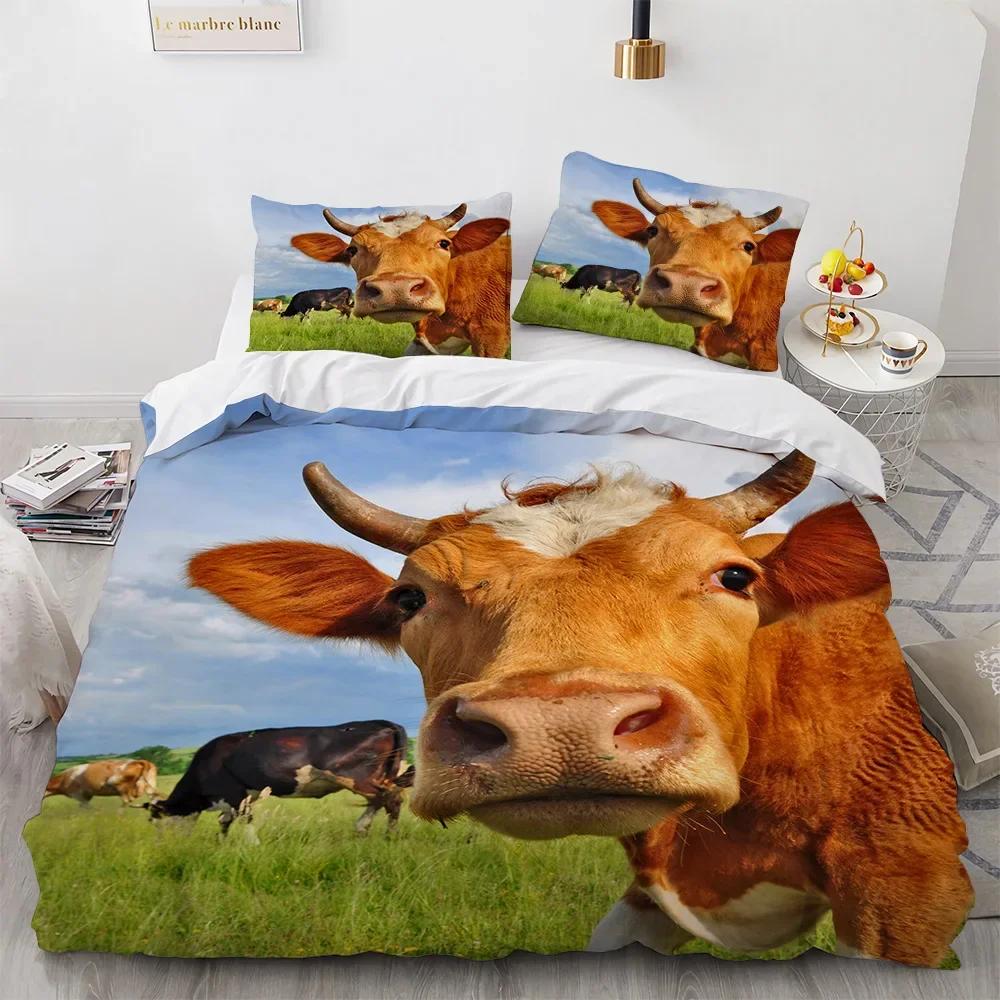 Highland Cow Duvet Cover King/Queen Size, Farm Animal Bull Bedding Set, Funny Cute Herbivores Duvet Cover For Kids Boys Girls