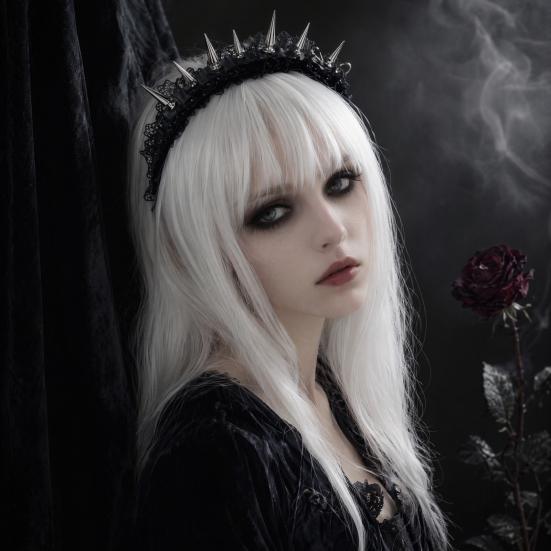 Headband with Sharp Metal Rivets Black Lace Adjustable Elastic Fit Hair Hoop Gothic