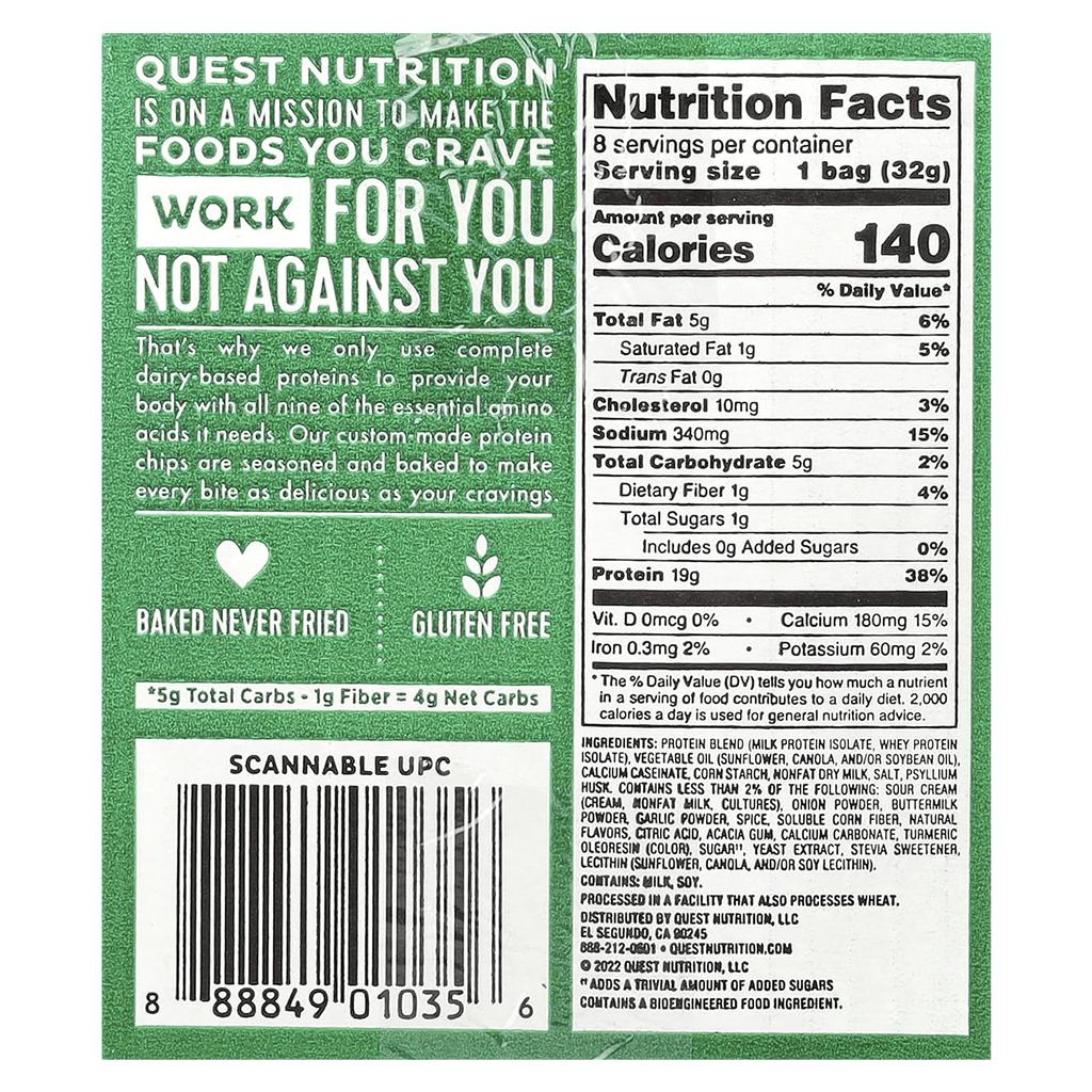 Quest Nutrition Original Style Protein Chips, Sour Cream & Onion, 8 Packets, 1.1 Oz (32 G) Each