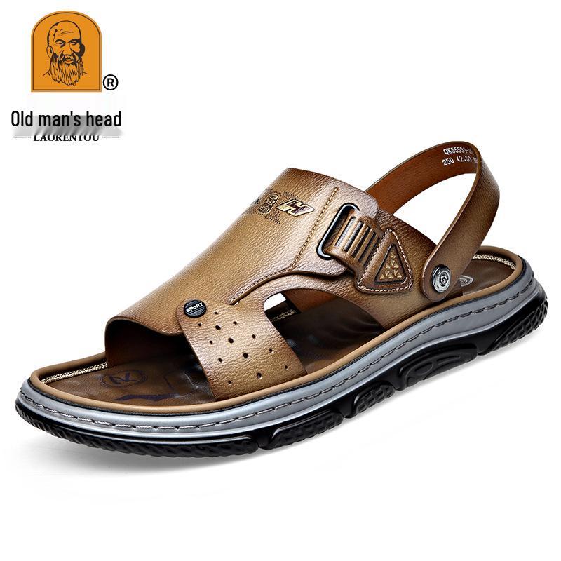 Men s Soft Leather Sandals: Summer Outdoor Non-slip Dual-use Beach Shoes with Soft Sole 43 хаки