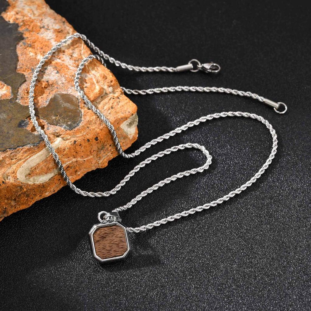 Vnox Quadratischer Holzanhänger Halskette aus Edelstahl mit gedrehter Kette, Wasserdicht Hypoallergen Minimalistischer Schmuck Geschenk für Männer