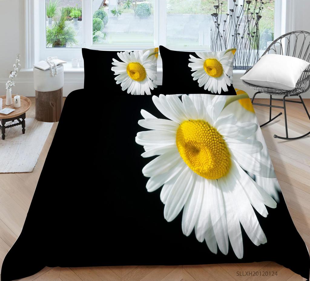 3D Printing Household Bedding Set Chrysanthemum Printing Pillowcase and Quilt Cover 2/3 Pieces of Plant Microfiber Comfortable Household Bedding